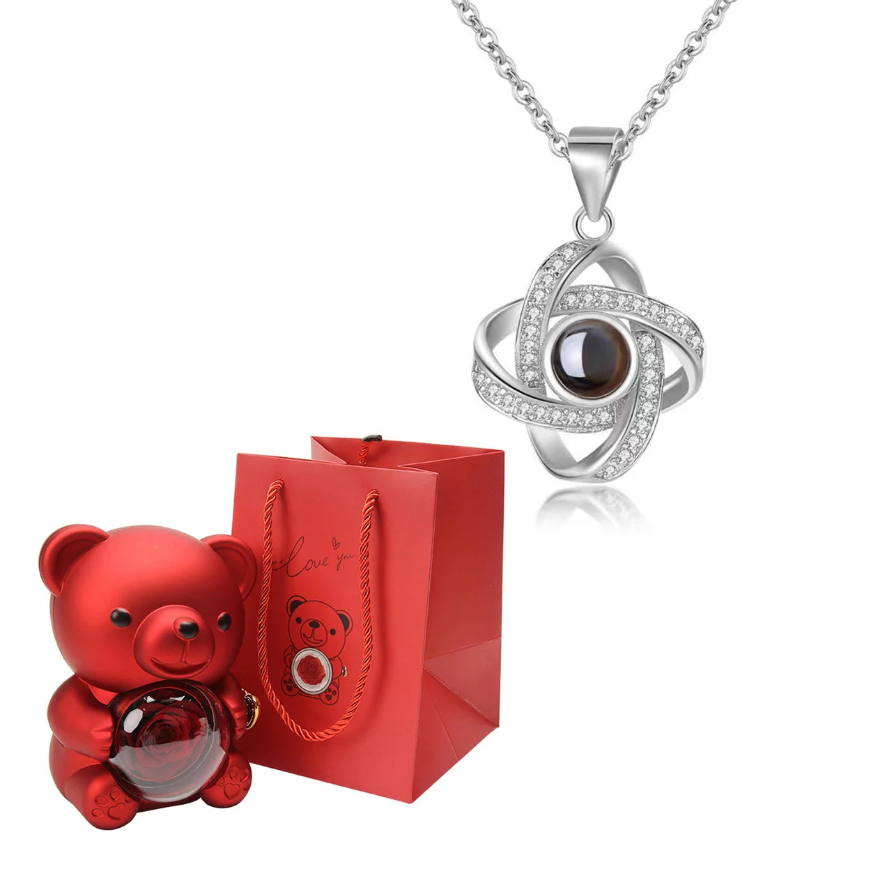 Szívünk Kincsei – Örök Rózsa Medve + Rejtett Fotós Nyaklánc