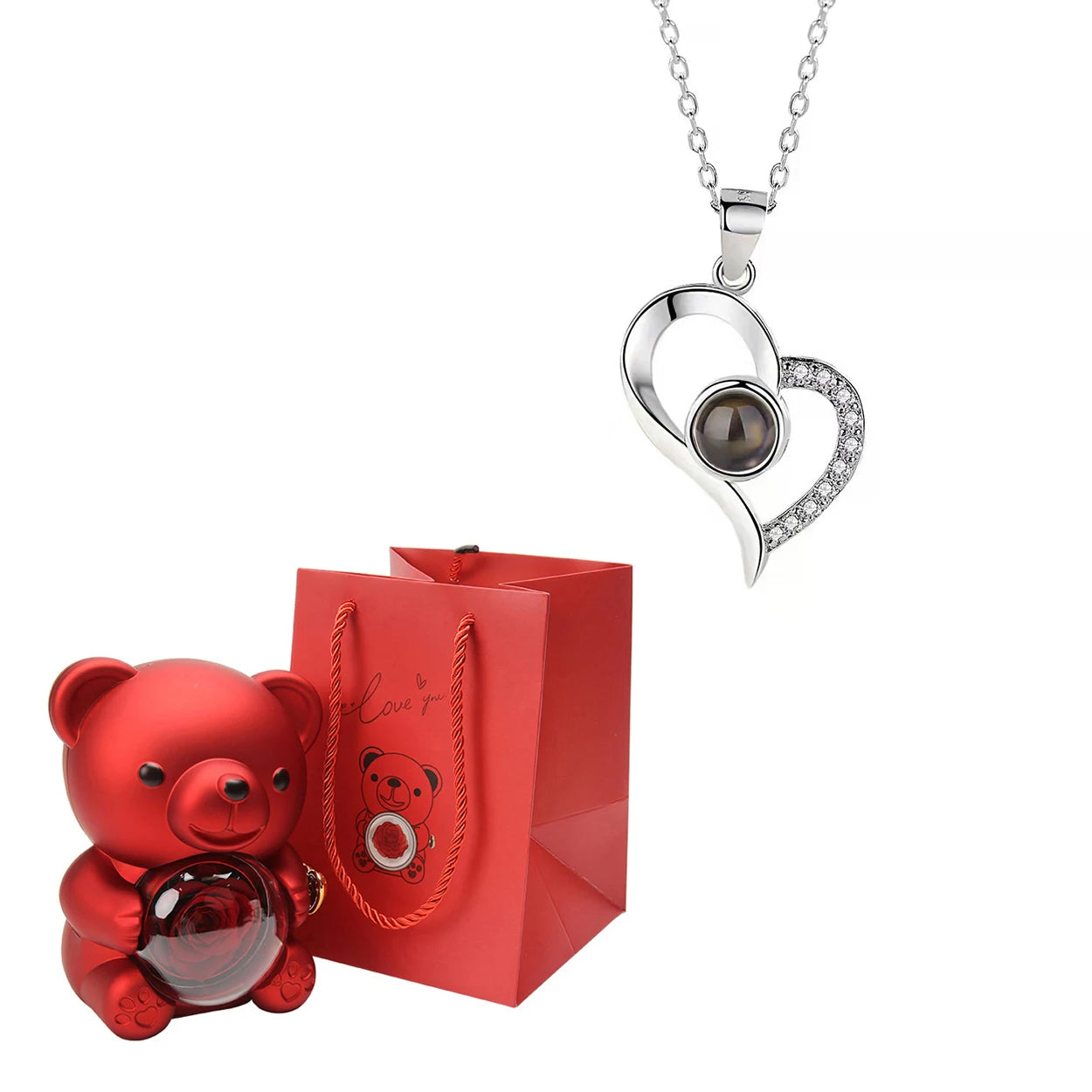 Szívünk Kincsei – Örök Rózsa Medve + Rejtett Fotós Nyaklánc