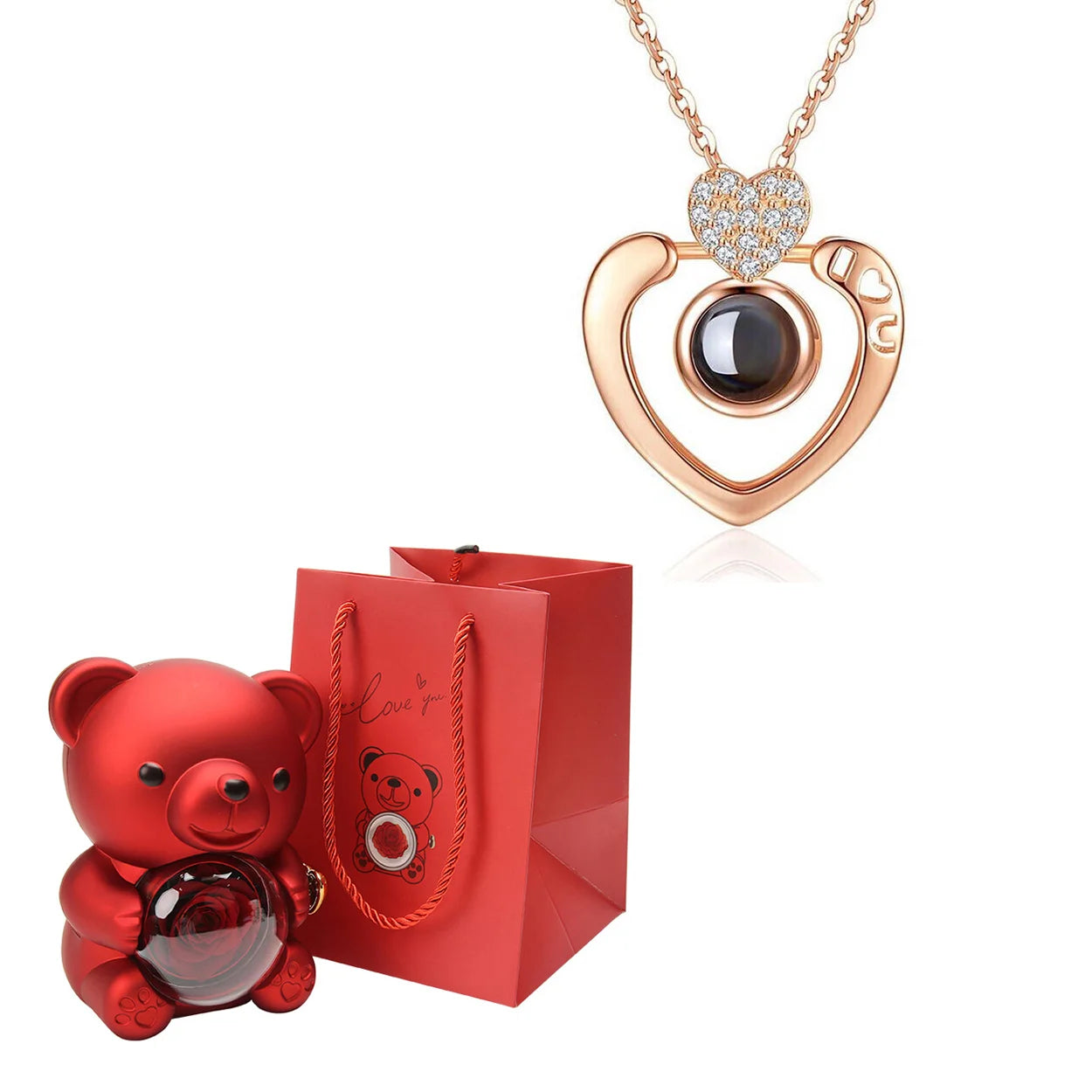 Szívünk Kincsei – Örök Rózsa Medve + Rejtett Fotós Nyaklánc