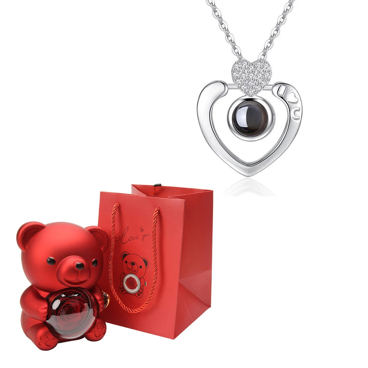 Szívünk Kincsei – Örök Rózsa Medve + Rejtett Fotós Nyaklánc