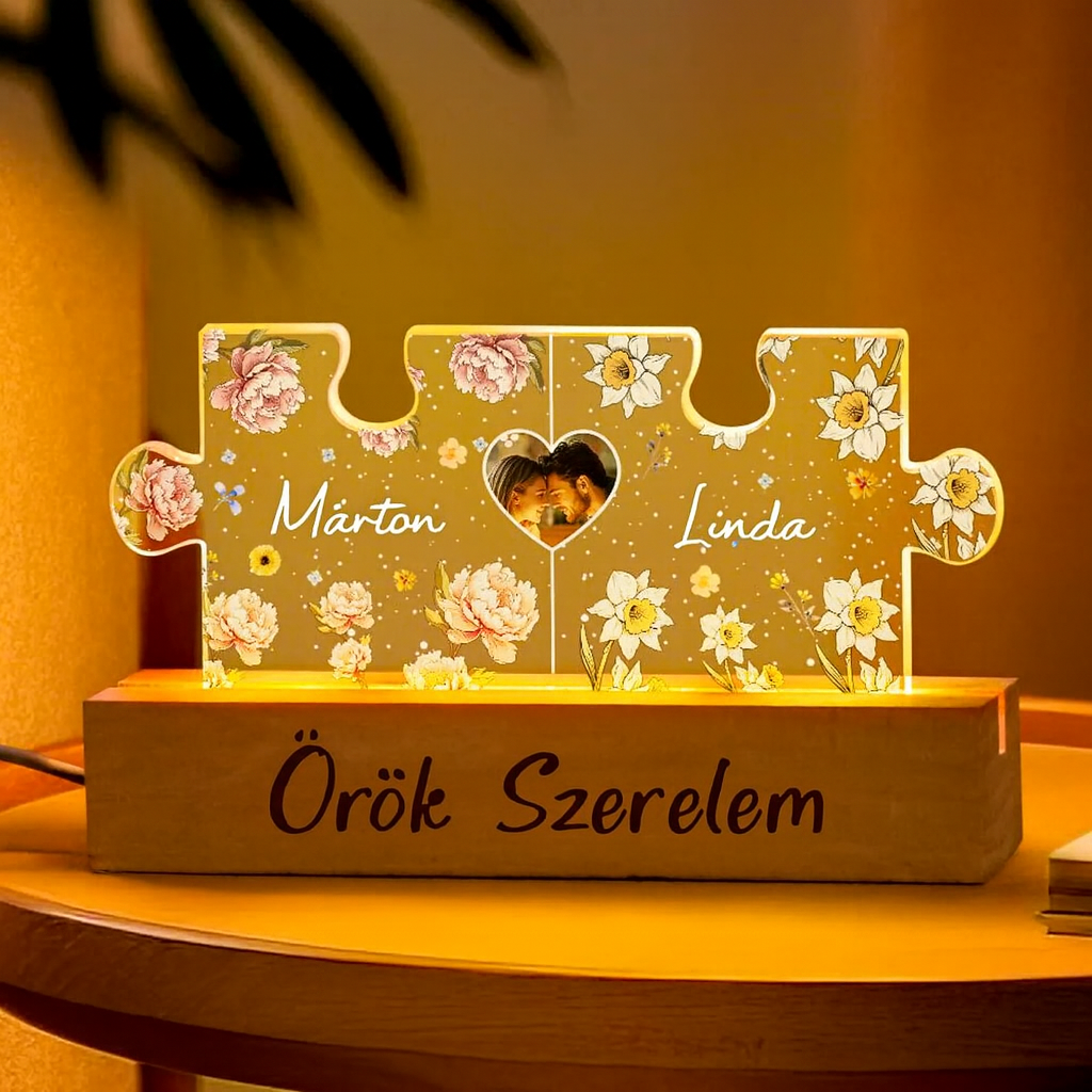 Puzzle alakú páros LED lámpa – személyre szabható névvel és fotóval
