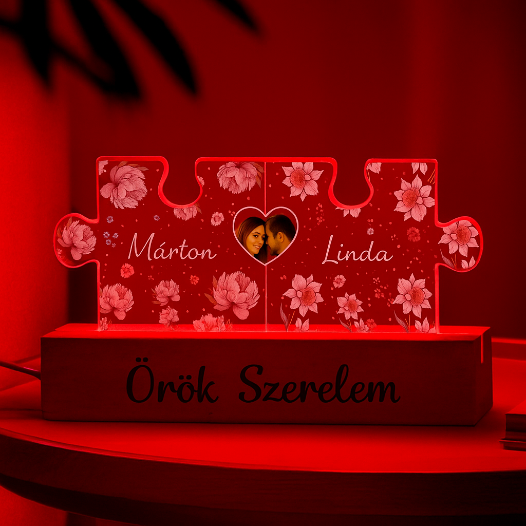 Puzzle alakú páros LED lámpa – személyre szabható névvel és fotóval