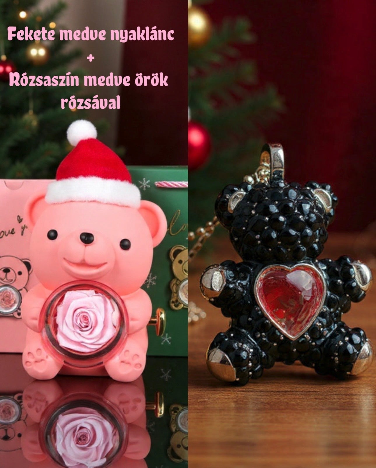 Karácsonyi Medve Nyaklánc Mozgó Szívkővel