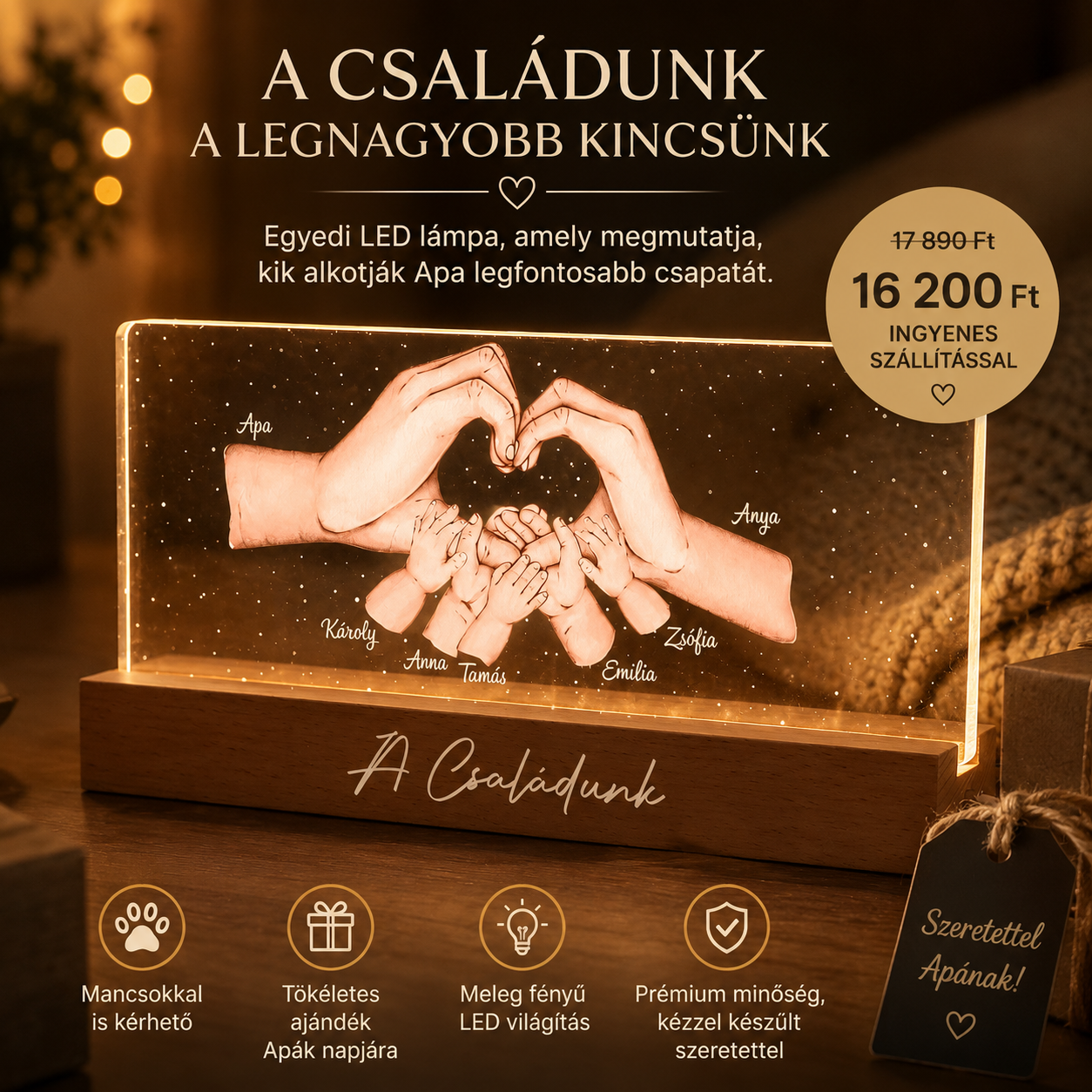 Anya-Apa Szíve – Egyedi LED Családi Lámpa