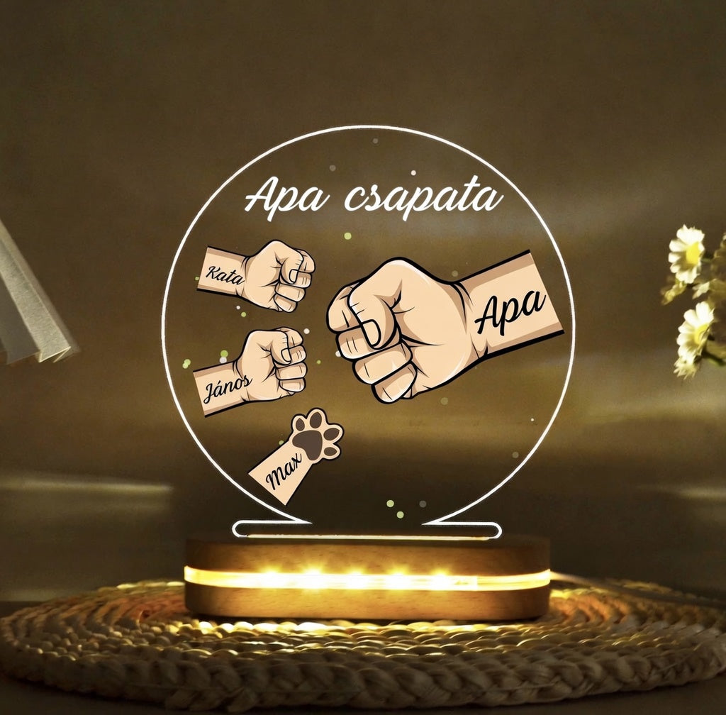 „Apa Csapata” – Személyre Szabott Ökölpacsi LED Lámpa