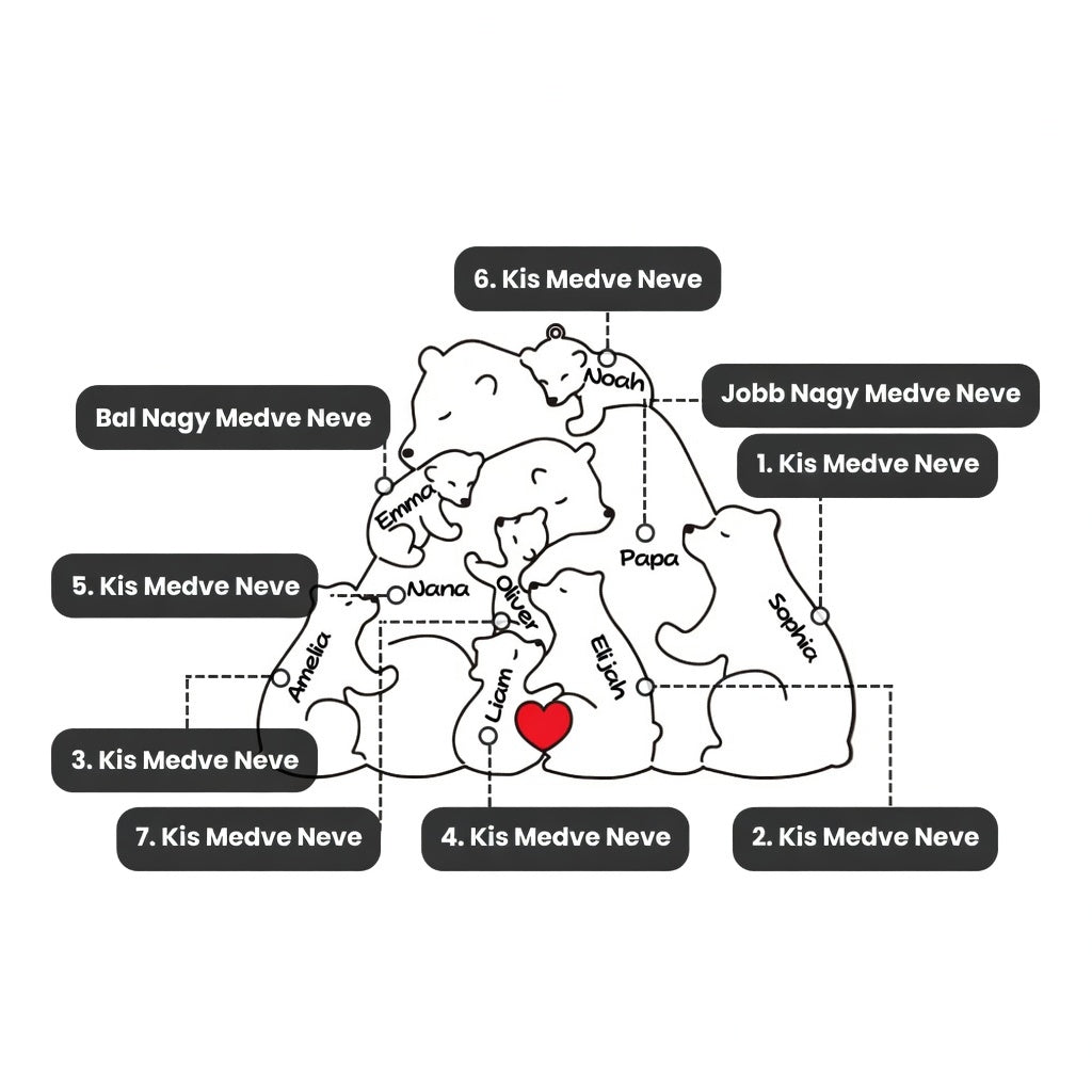 Maci Család – Gravírozott nyaklánc bocsokkal (3-8 névvel)