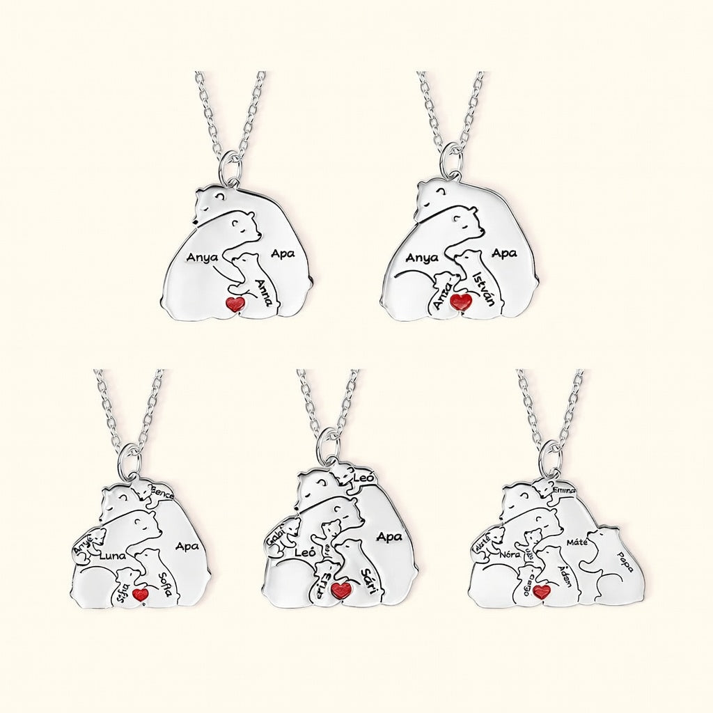 Maci Család – Gravírozott nyaklánc bocsokkal (3-8 névvel)