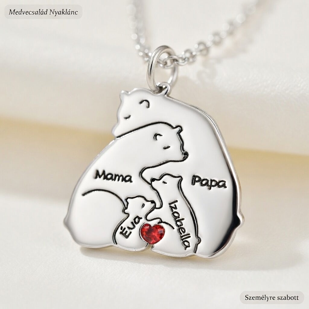 Maci Család – Gravírozott nyaklánc bocsokkal (3-8 névvel)