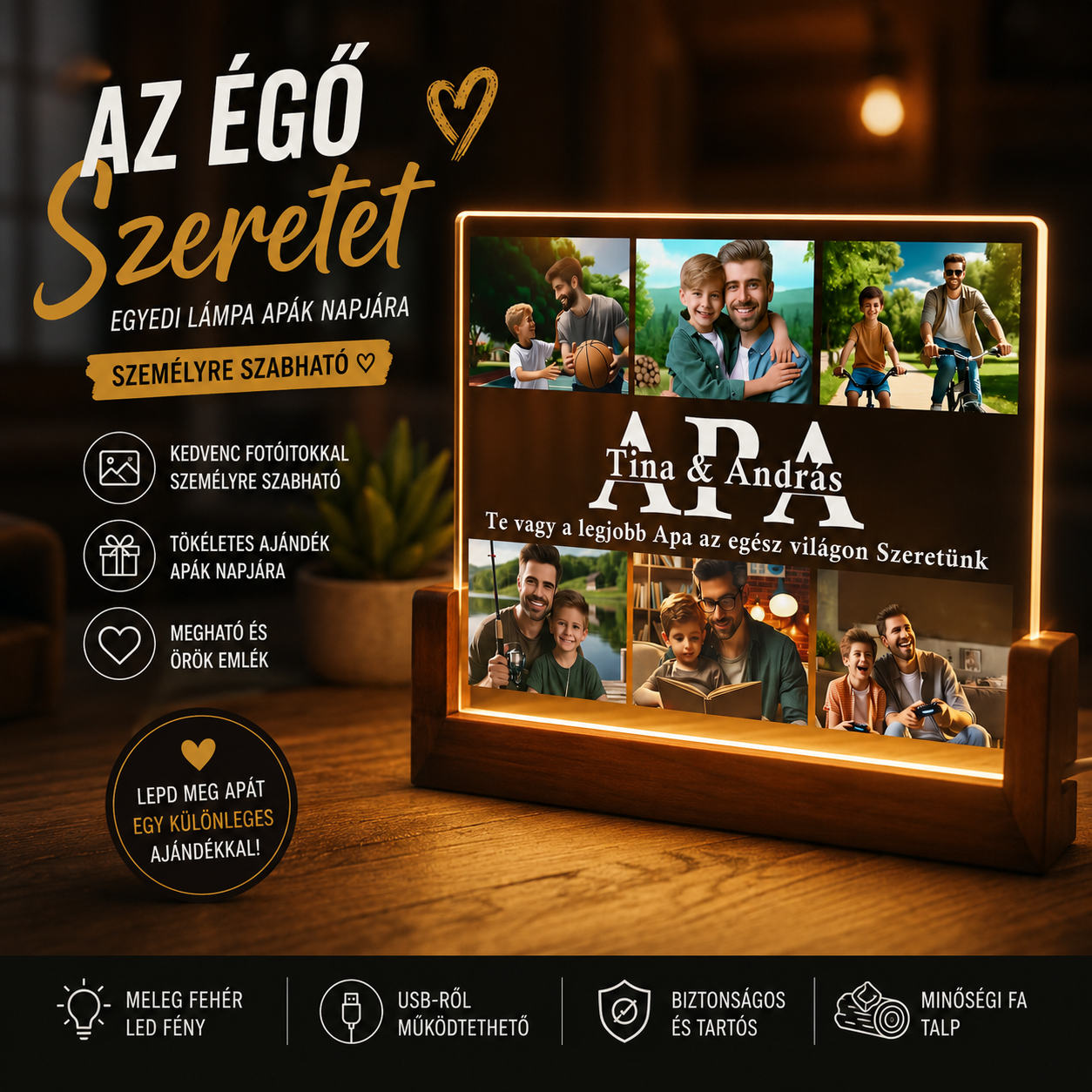 📸 Egyedi Apa Emléklámpa Saját Fotókkal